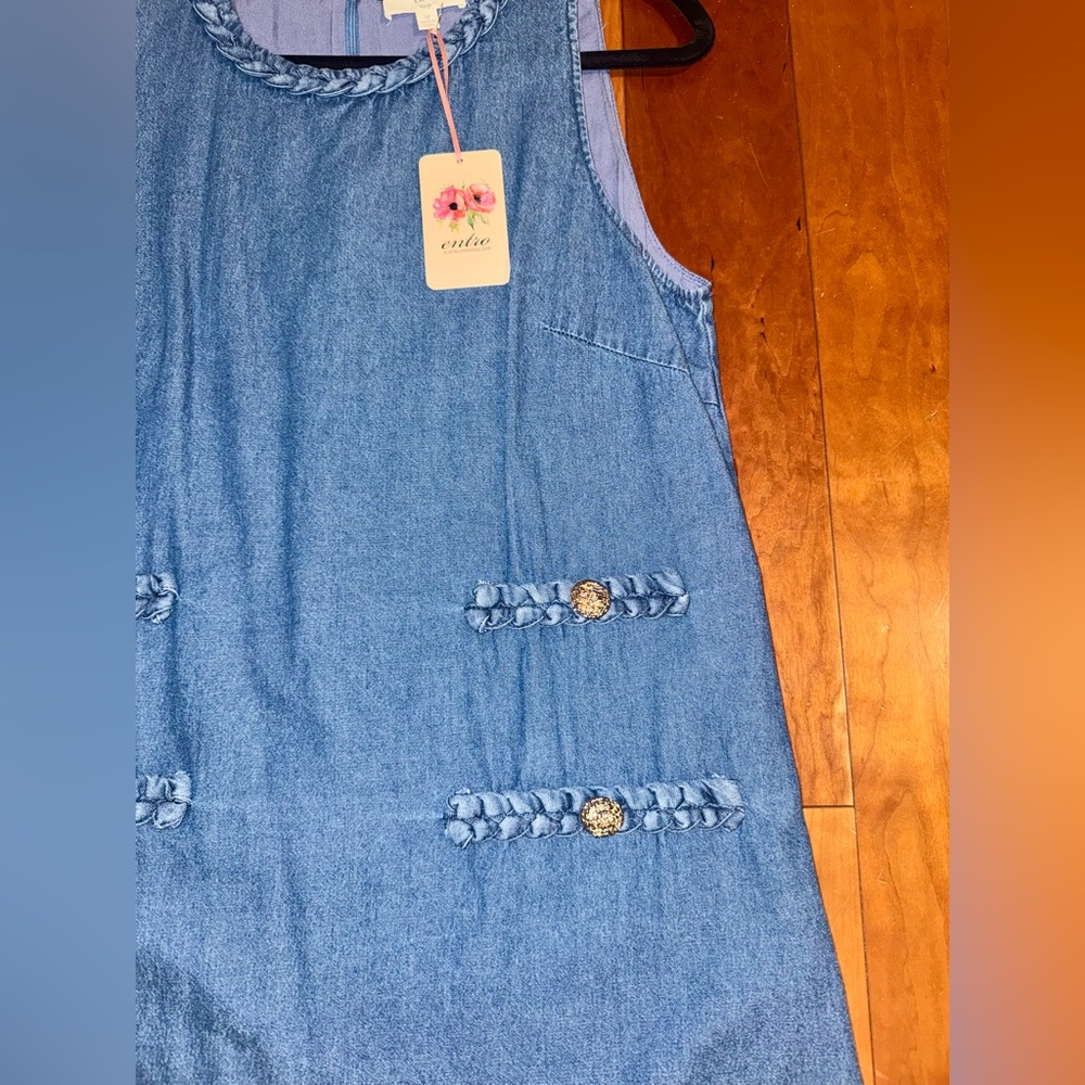 Entro Sleeveless Blue Denim Mini Dress with Decorative Gold Buttons - Picture 5 of 10